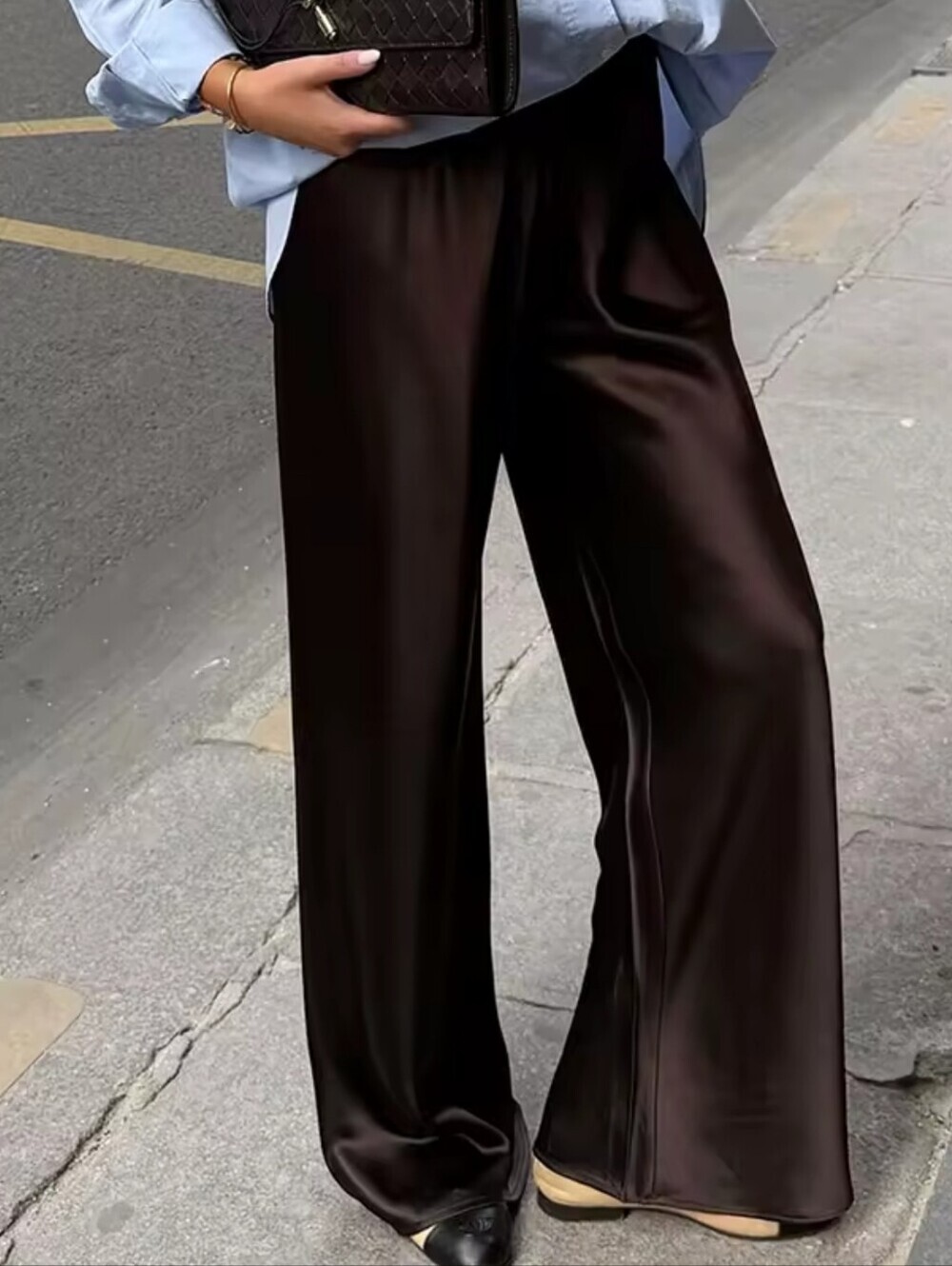 Elegant Brown Satin Wide Leg Pants Women Autumn Fashion Beige High Waist Trouser